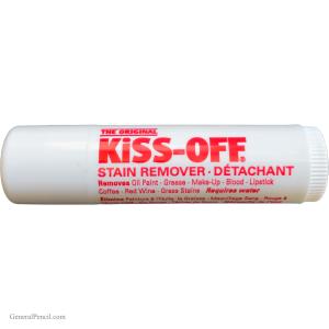 A tube of Kiss-Off® Stain Remover with bilingual labeling in English and French details its effectiveness on various stains, including oil paint, grease, makeup, blood, and lipstick. It requires water for use.