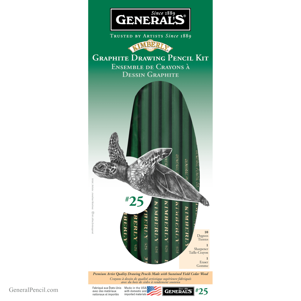 A set of General's Kimberly graphite drawing pencils is shown in a package featuring ten pencils of varying shades. The packaging includes an illustration of a sea turtle.