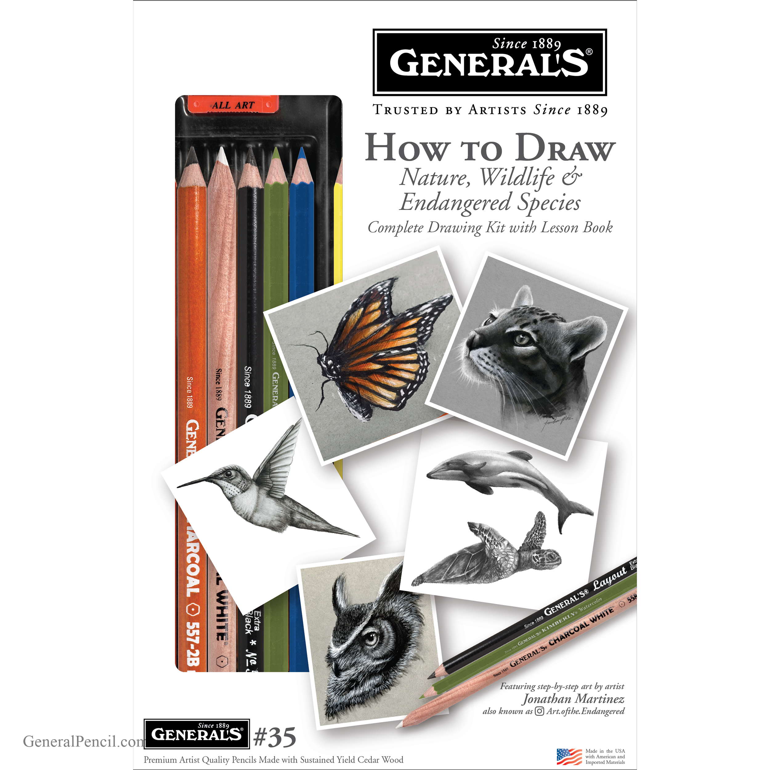 A drawing kit package that includes colored pencils and sketches of animals such as a butterfly, wolf, horse, and hummingbird. The text says "PRE-ORDER How to Draw Nature, Wildlife & Endangered Species," complete with a lesson book.