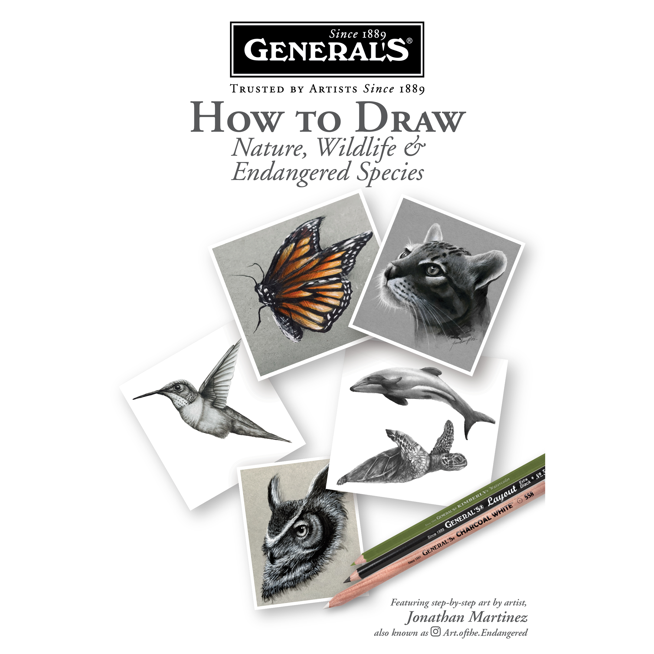 Cover of a drawing book titled "How to Draw Nature, Wildlife & Endangered Species" by General's. Features sketches of a butterfly, ocelot, hummingbird, dolphin, and owl, with colored pencils below.