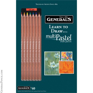 The General's® Learn to Draw with MultiPastel® Chalk Pencils™ Kit includes a set of six colored pencils and three sample drawings, featuring a flower, leaf, and abstract design. The packaging is branded with "Learn to Draw" and "Trusted by Artists Since 1889.