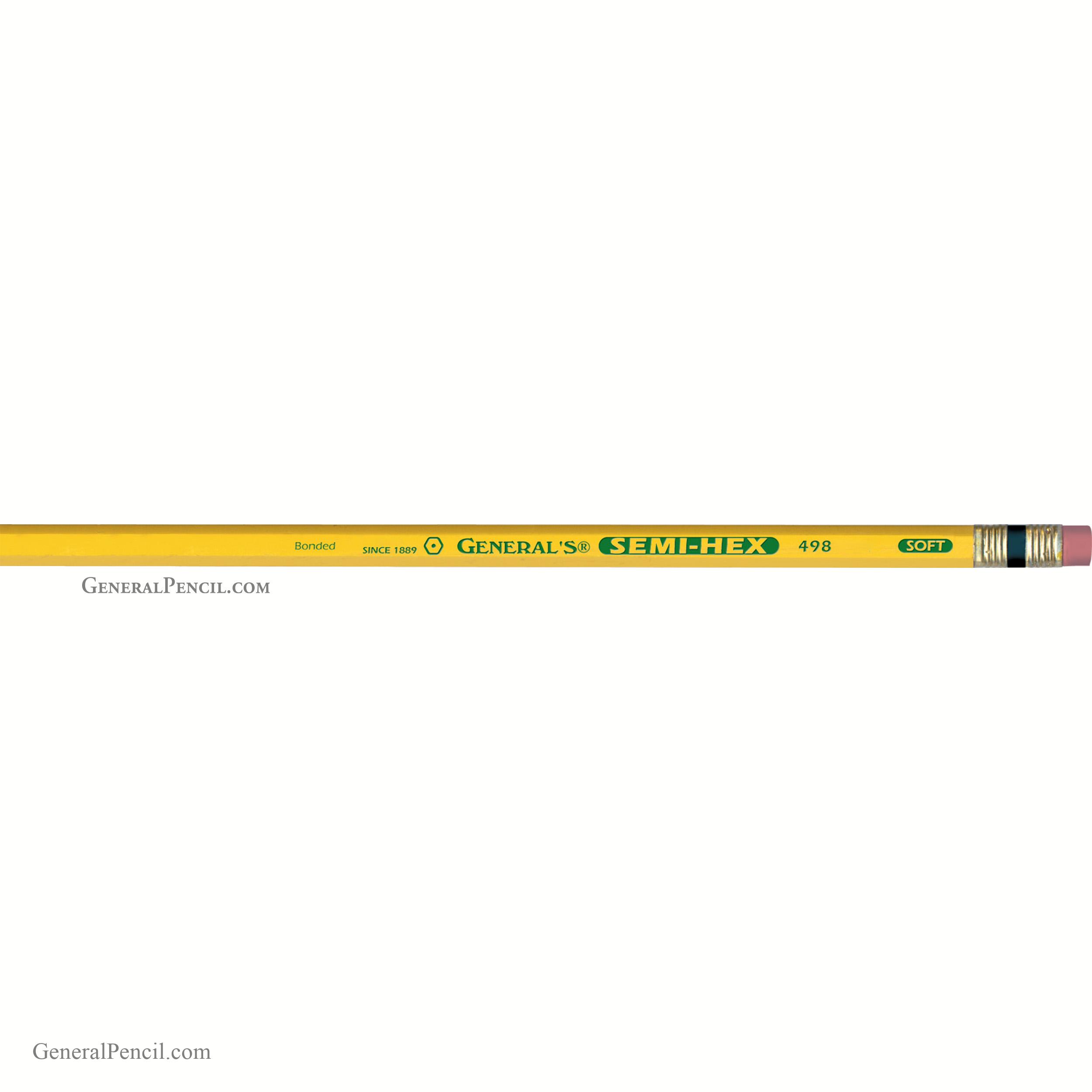 A General's® Semi-Hex Pencil in yellow, showcasing green and black text and offering a soft writing grade. It includes a pink eraser with a silver ferrule, all displayed against a plain white background.