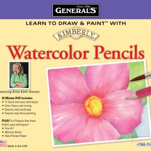Cover of a watercolor pencil DVD set featuring a pink flower being painted. Includes a photo of artist Kathi Hanson and a list of contents: quick and easy techniques, color mixing, step-by-step painting, fine art projects, and more. Made in the USA.