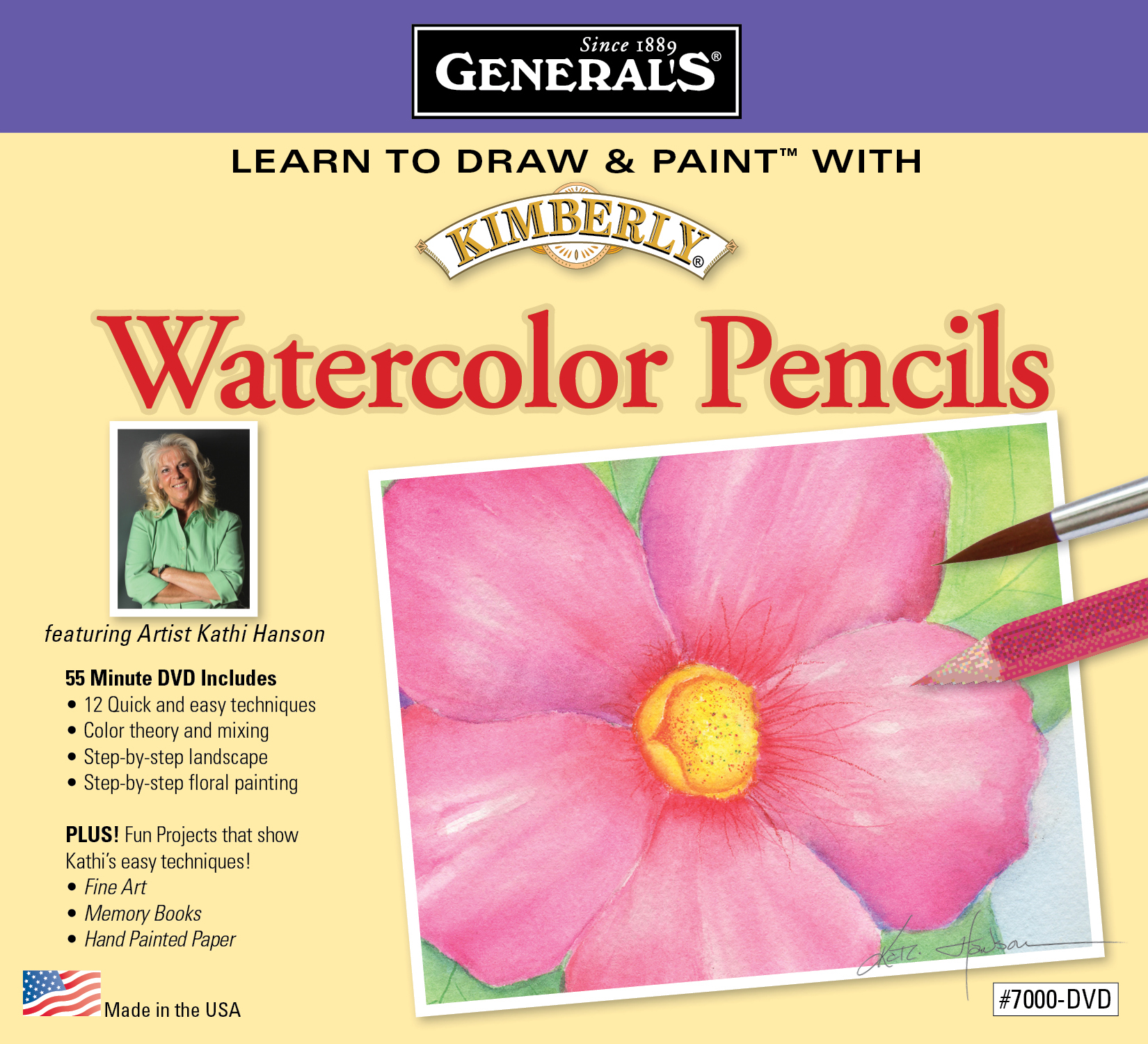 Cover of a watercolor pencil DVD set featuring a pink flower being painted. Includes a photo of artist Kathi Hanson and a list of contents: quick and easy techniques, color mixing, step-by-step painting, fine art projects, and more. Made in the USA.