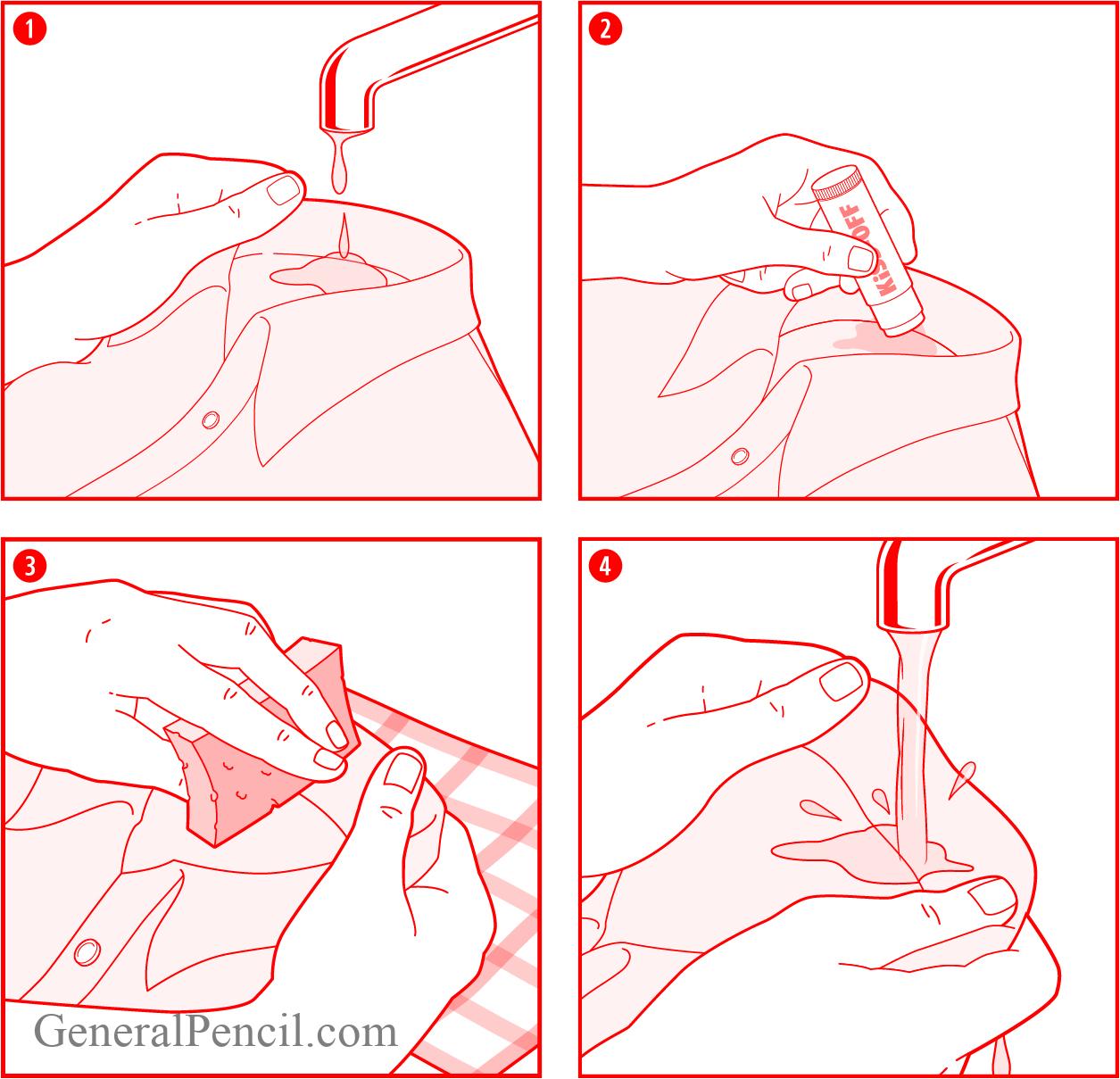 Illustration showing four steps to remove a stain from a shirt. Step 1: Rinse stain with water. Step 2: Apply Kiss-Off® Stain Remover. Step 3: Scrub with a sponge. Step 4: Rinse with water again.