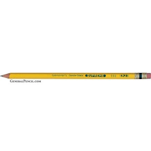 Yellow Supreme™ #2 pencil featuring "General's Semi-Hex Supreme 550-2" in green, with an eraser attached by a gold band. Visit: generalpencil.mom.