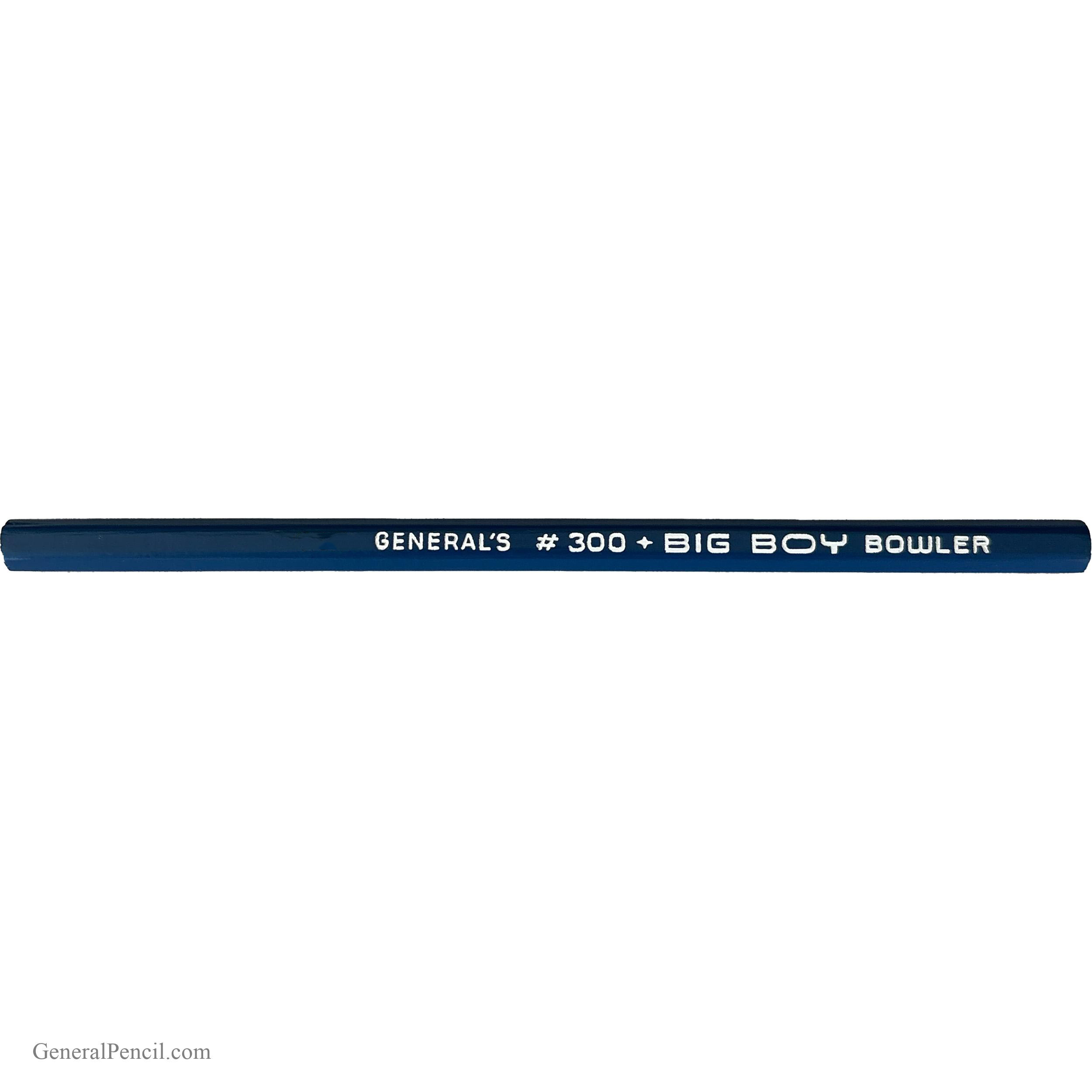A glossy, unsharpened dark blue pencil with white text reads "U.S.A. General's #300 Big Boy Bowler."