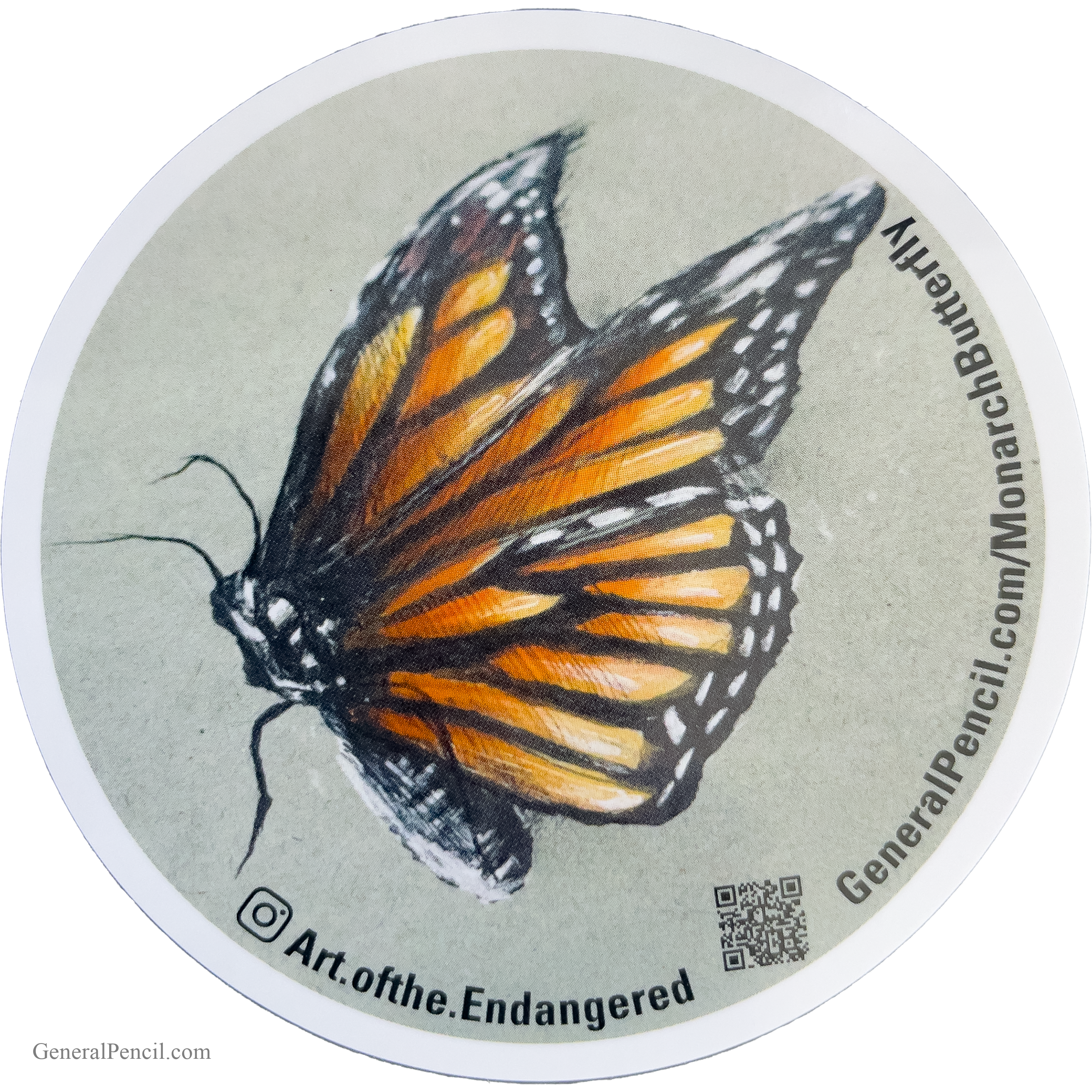 Illustration of a monarch butterfly with detailed orange and black wings on a circular background. Text around the edge reads "Art.ofthe.Endangered" and includes a URL and QR code.