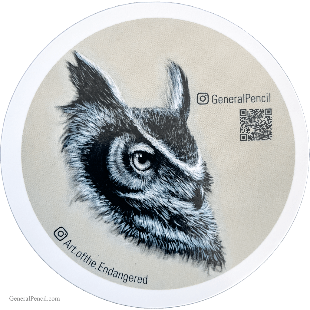 A circular sticker featuring a monochromatic drawing of an owl's head on a beige background. The Twitter handle "@GeneralPencil" and an Instagram handle "@Art.ofthe.Endangered" are displayed, along with a QR code.