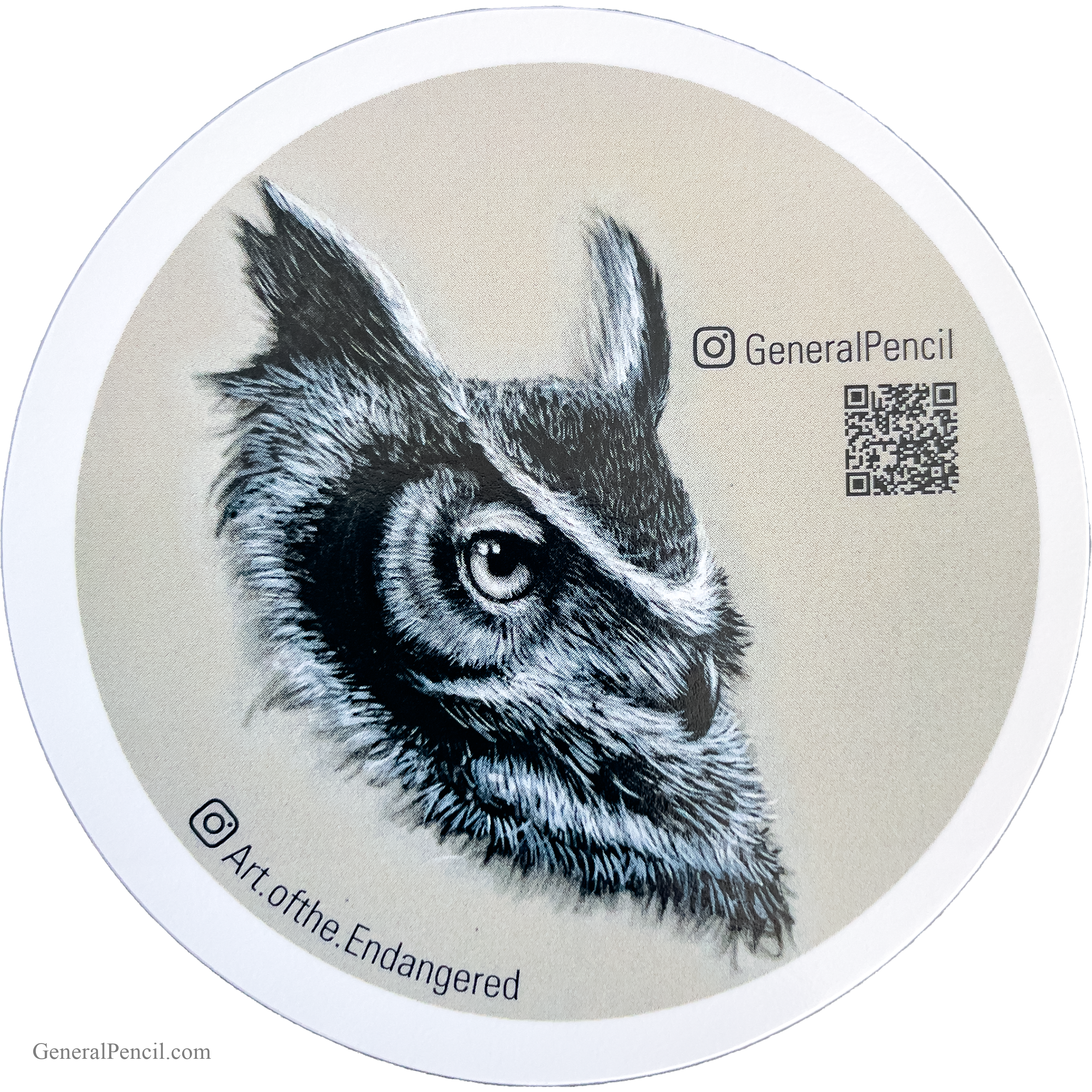 A circular sticker featuring a monochromatic drawing of an owl's head on a beige background. The Twitter handle "@GeneralPencil" and an Instagram handle "@Art.ofthe.Endangered" are displayed, along with a QR code.