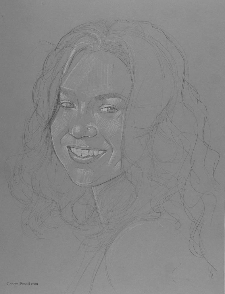 Pencil sketch of a smiling person with long, wavy hair. The drawing captures the person's facial features in soft, detailed lines on a gray background.