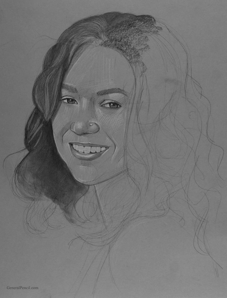 Pencil drawing of a smiling woman with long, wavy hair. The portrait shows detailed shading on her face, while parts of her hair remain as outlined sketches, blending realism with unfinished elements.
