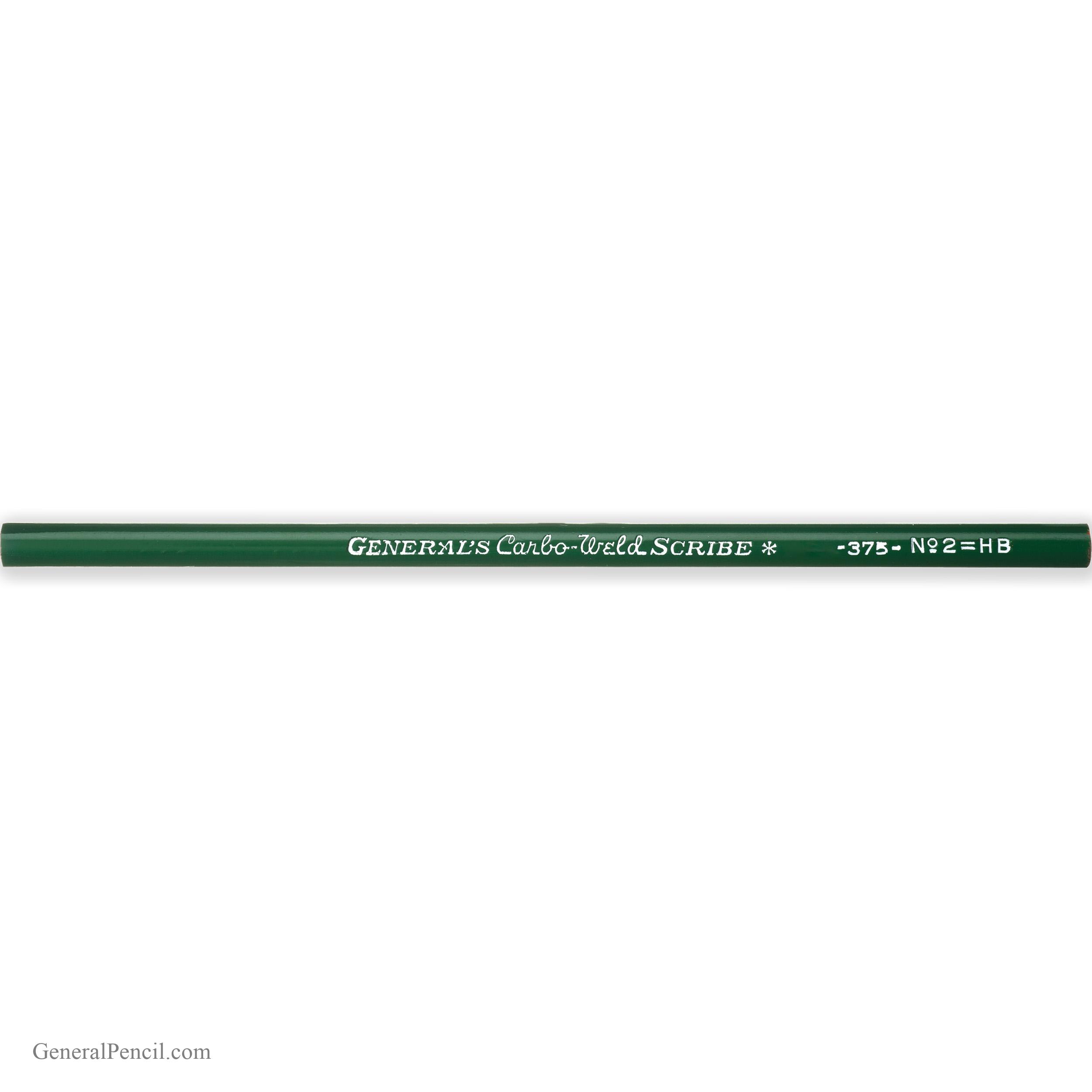 A green round Scribe® Pencil with "GENERAL'S Carbo-Weld SCRIBE #375 - NO2 HB" in white text lies horizontally on a white background.