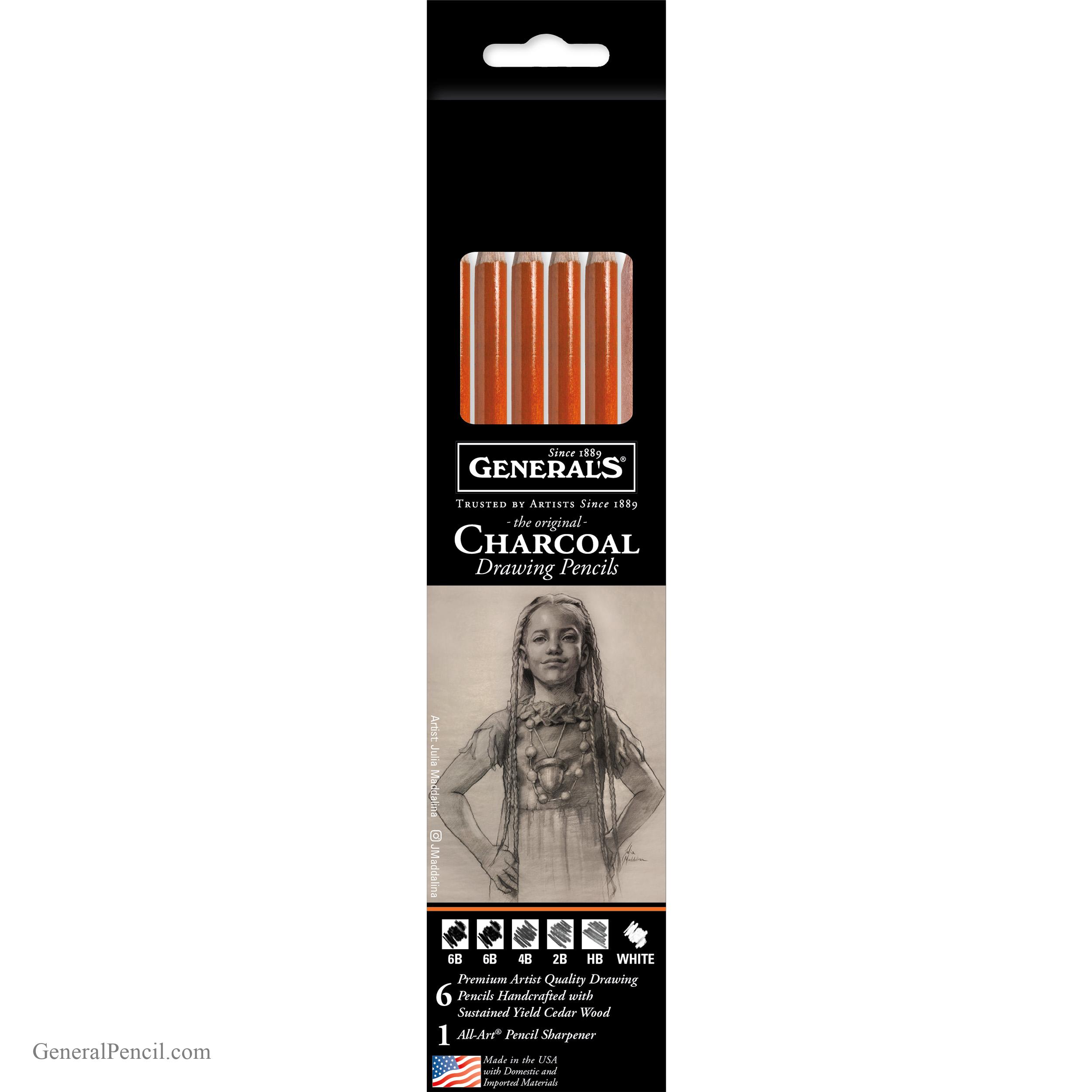 A package of General’s charcoal drawing pencils showing six pencils at the top, the brand’s logo, product details, and a detailed sketch of a woman with long hair on the lower half of the package.