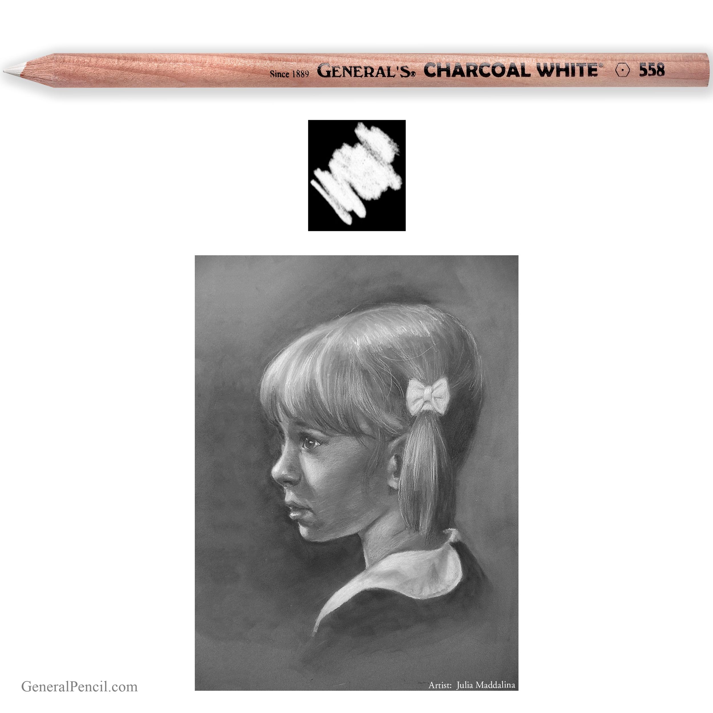 A realistic charcoal drawing of a young girl in profile, with light hair tied in a bow, is shown below a white charcoal pencil and a smudge mark on a black background. The artist is Julia Maddalina.