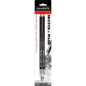 A 2-pack of Sketch & Wash® Pencils, featuring water-soluble black graphite pencils, is displayed vertically on white and black packaging with product details.