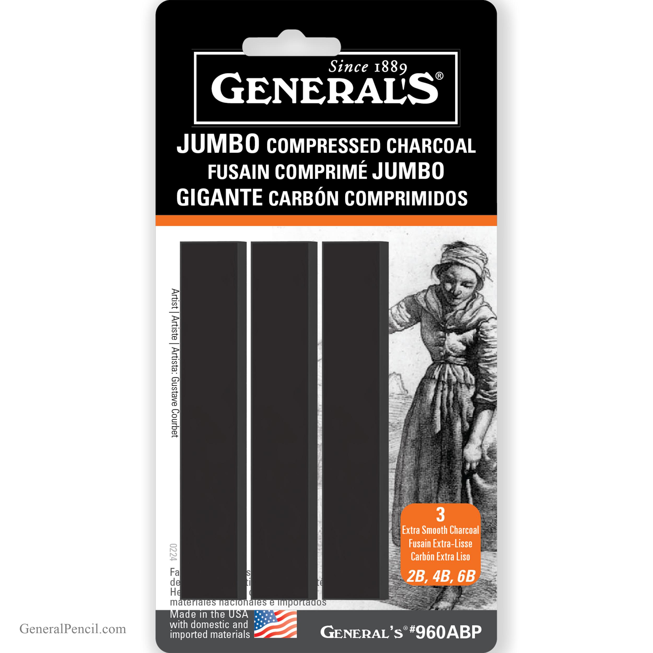 A package of General’s Jumbo Compressed Charcoal contains three thick black charcoal sticks. The packaging features product details in English, French, and Spanish, and includes a vintage drawing of a woman on the right side.