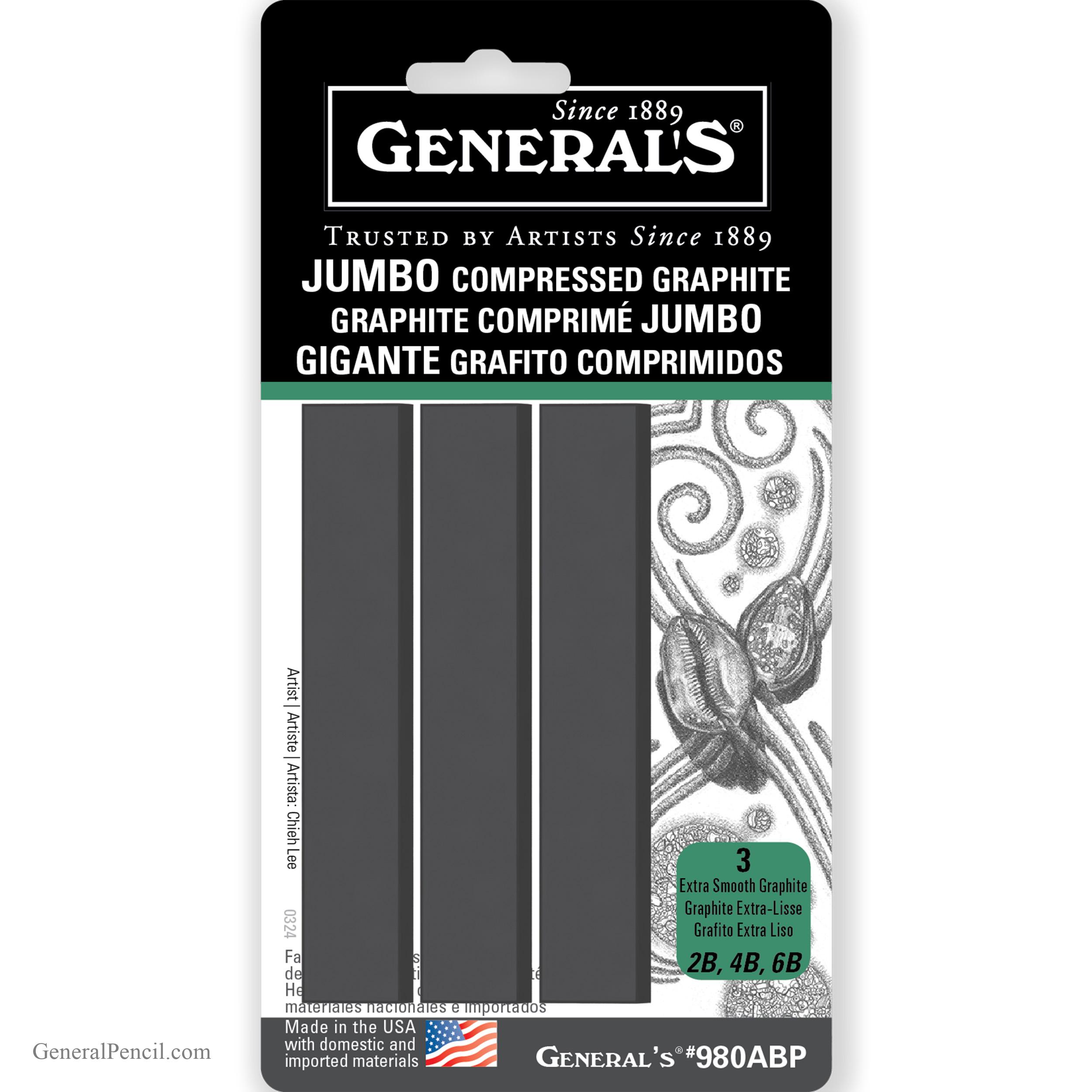 Package of General’s Jumbo Compressed Graphite sticks, showing three rectangular graphite sticks labeled 2B, 4B, and 6B. The packaging features English, French, and Spanish text.