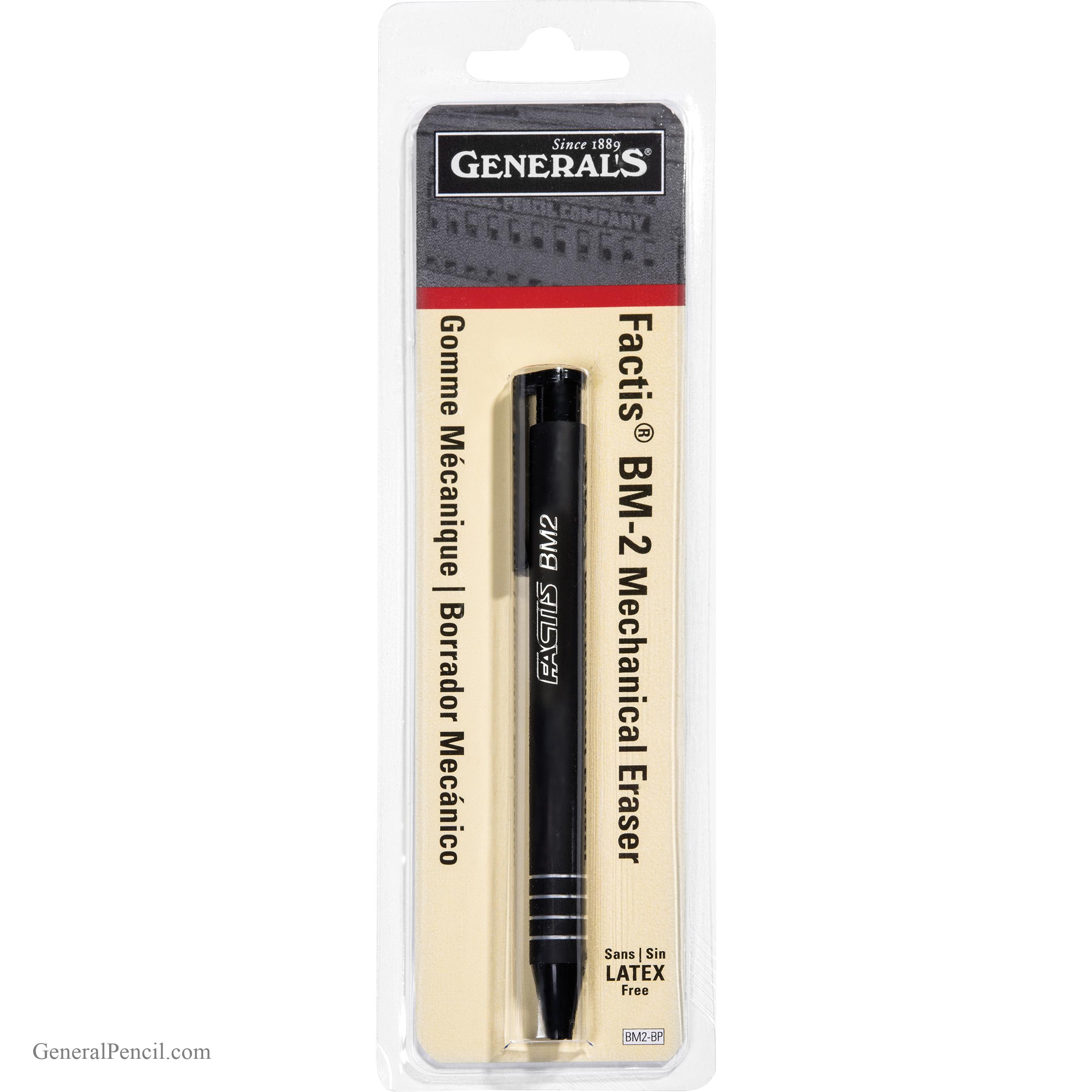 A black General's Factis BM-2 mechanical eraser in plastic packaging with beige backing, showing product name and features such as "Latex Free" and "Sans Latex" in English, French, and Spanish.