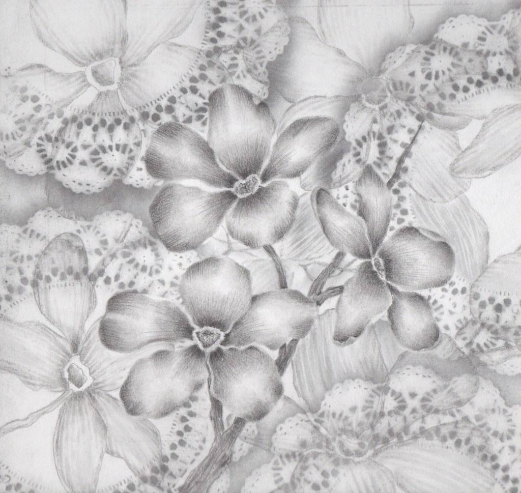 A detailed pencil drawing of several blooming flowers with delicate petals, surrounded by lacy, intricate patterns, all in shades of gray.