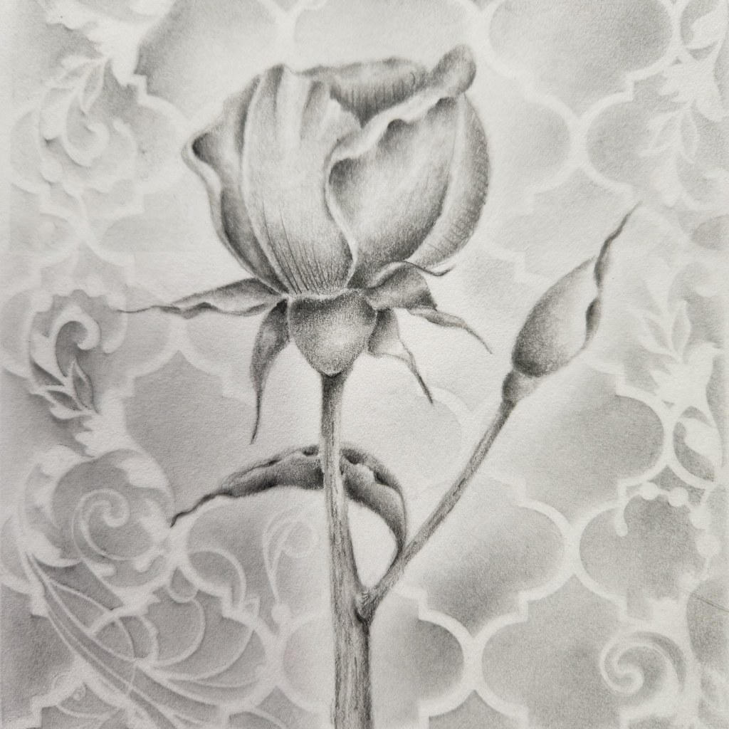A pencil drawing of a rosebud with leaves and a smaller bud, set against a patterned background featuring soft, decorative, swirling and geometric motifs. The image is rendered in shades of gray.