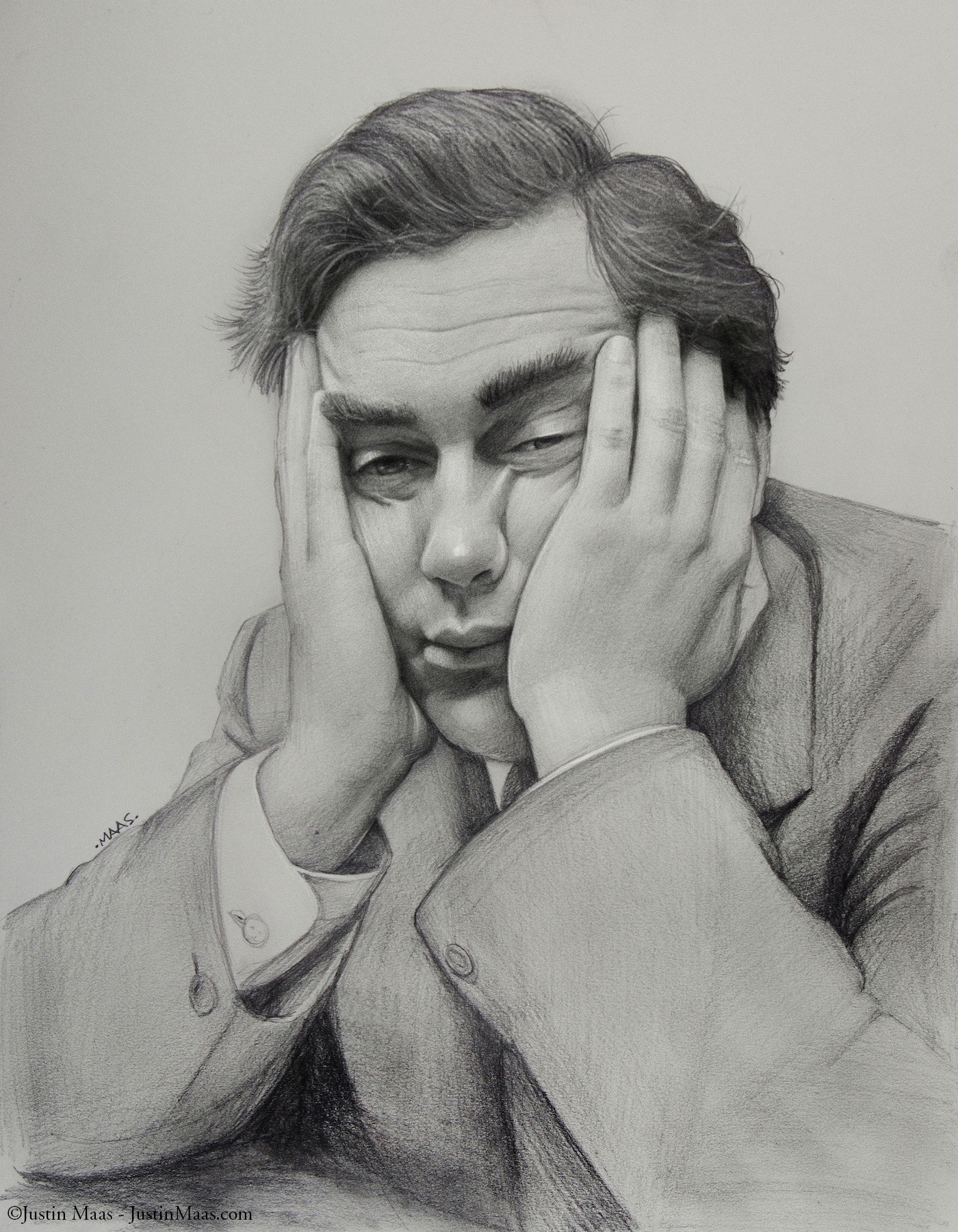 A pencil drawing of a man in a suit resting his face in his hands, with an expression suggesting boredom or fatigue. The detailed sketch captures his facial features and relaxed pose.