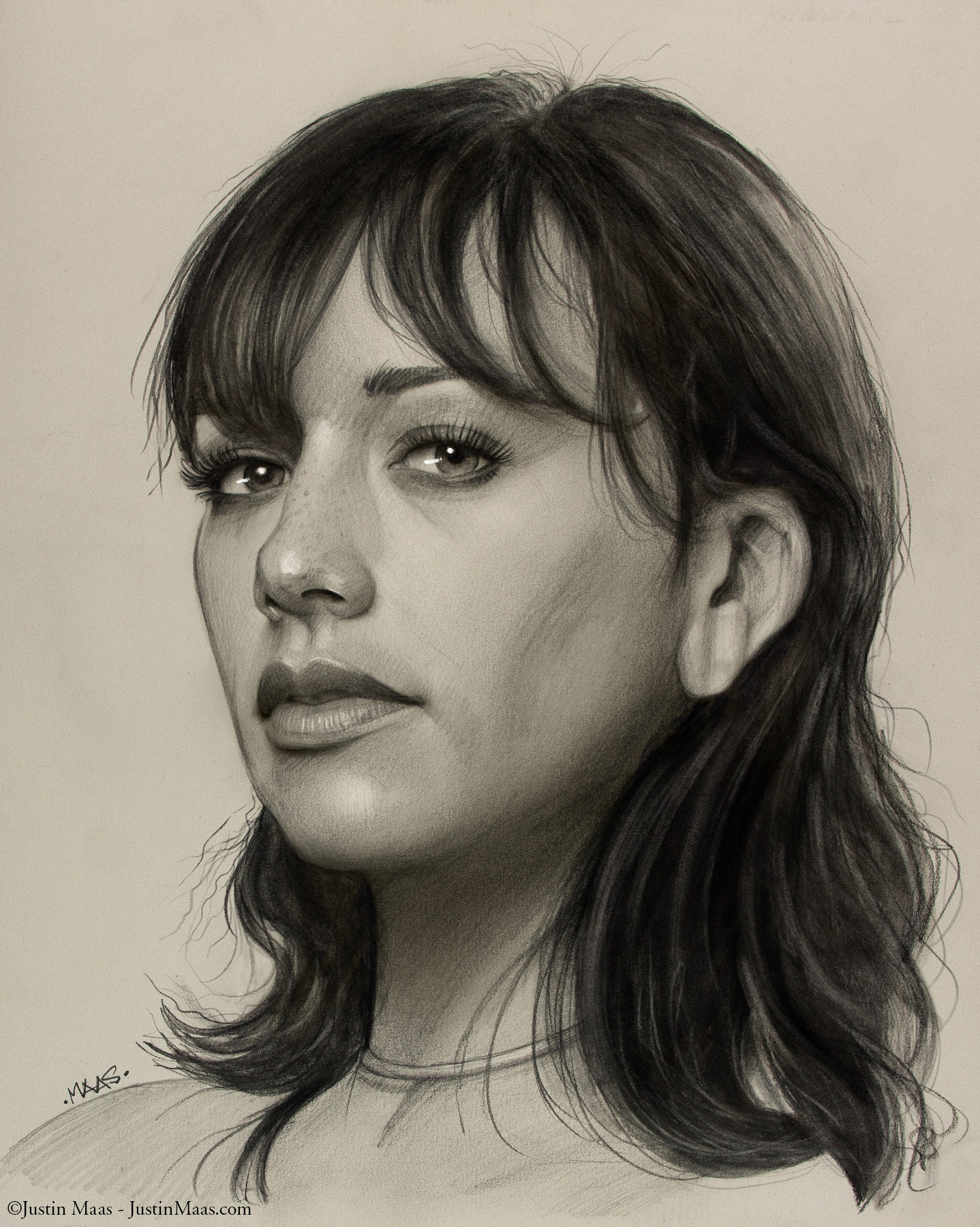 A realistic pencil portrait of a young woman with shoulder-length dark hair, bangs, and expressive eyes, looking slightly to the side. The detailed shading highlights her facial features and soft expression.