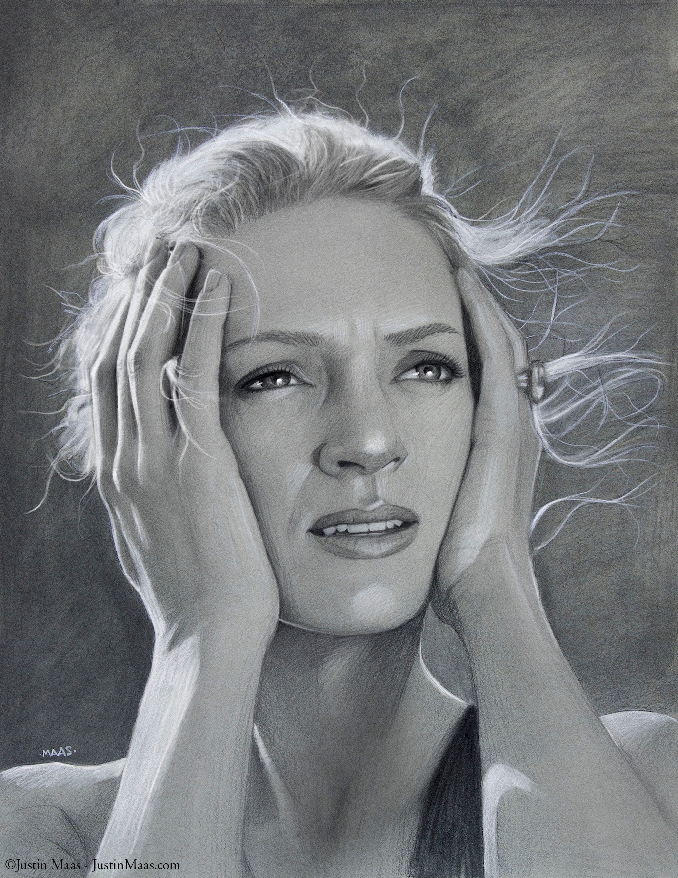 A realistic pencil drawing of a woman with light hair holding her face in both hands, looking upward with an intense, worried expression. Wisps of hair frame her face against a dark background.
