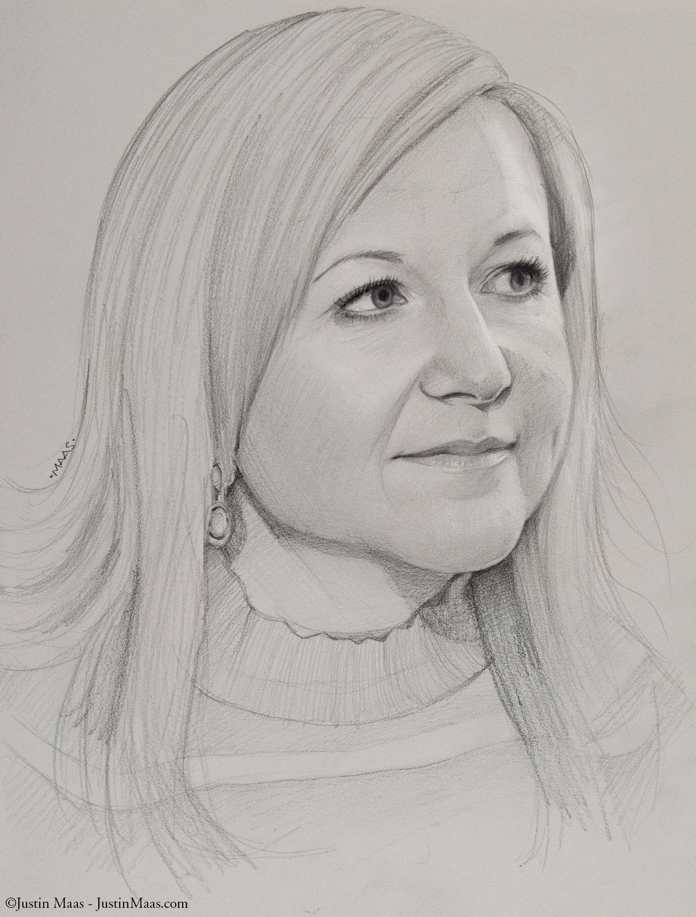 A detailed pencil portrait drawing of a woman with light straight hair, wearing a sweater and earrings, looking slightly upward and to the right with a gentle expression.