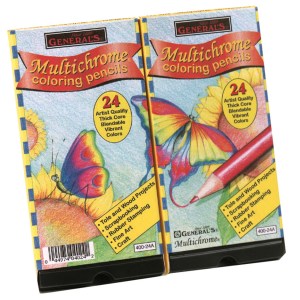 One two-part box of General’s Multichrome® coloring pencils are shown. Each box features a colorful butterfly and flower illustration, and advertises "24 artist quality, thick core, blendable, vibrant colors" on the front.