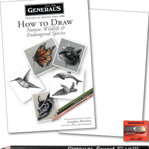 The How to Draw Nature, Wildlife & Endangered Species CLASSROOM ART PACK includes a booklet with wildlife sketches on the cover, a blank sheet of paper, a black Layout pencil, and a red pencil sharpener.