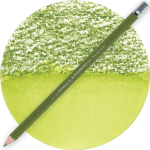 A Kimberly® Watercolor Pencil in Light Olive lays diagonally across a circular swatch, showing a textured green gradient fading from white at the top to solid green at the bottom.
