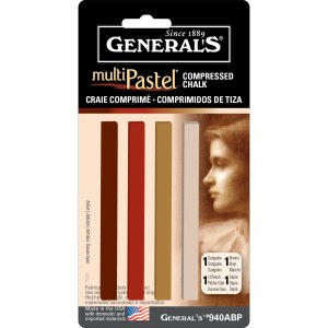 A package of General's® MultiPastel® compressed chalk featuring four pastel sticks in shades of brown and tan, beside a sepia-toned drawing of a woman's profile on the right side of the packaging.