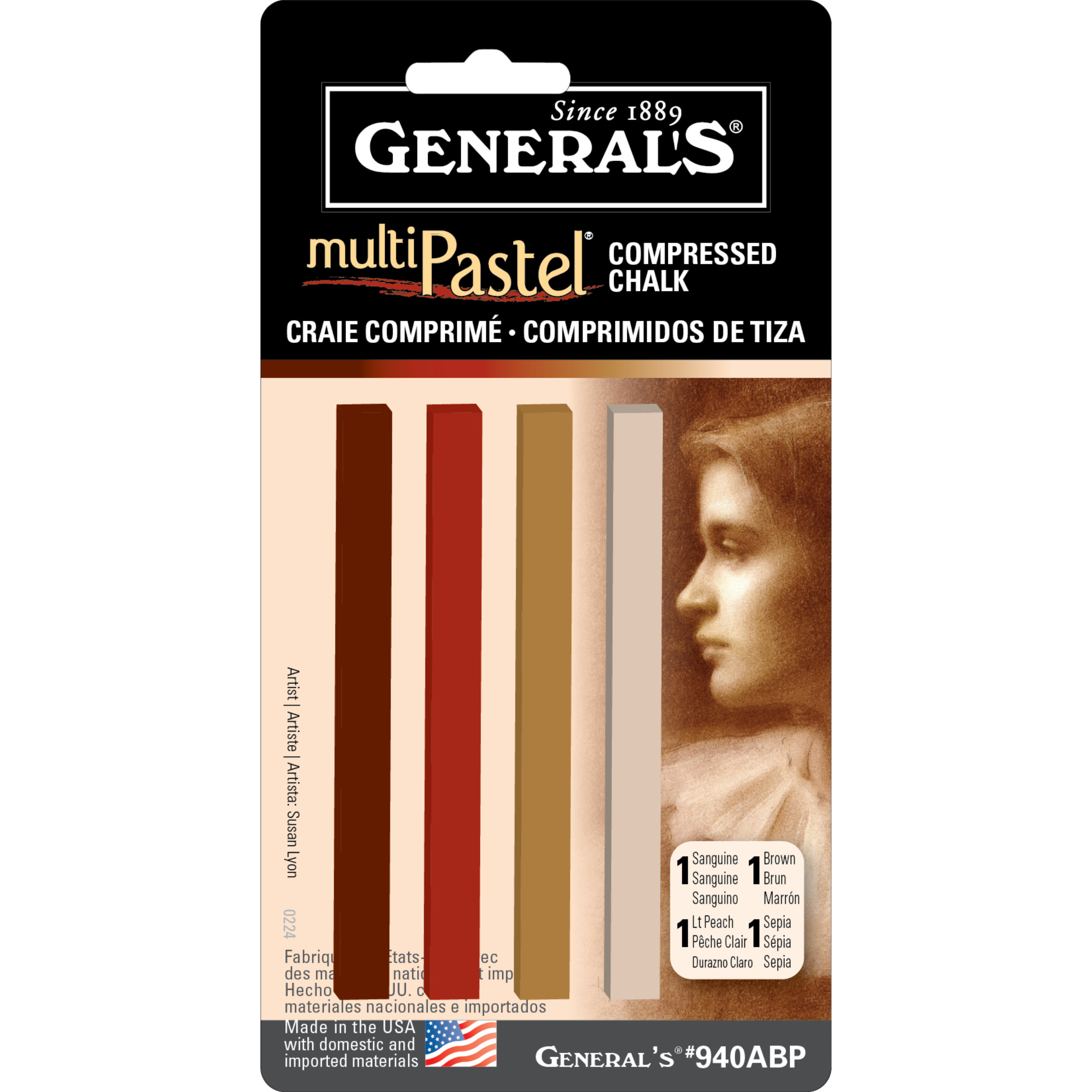 A package of General's® MultiPastel® compressed chalk featuring four pastel sticks in shades of brown and tan, beside a sepia-toned drawing of a woman's profile on the right side of the packaging.
