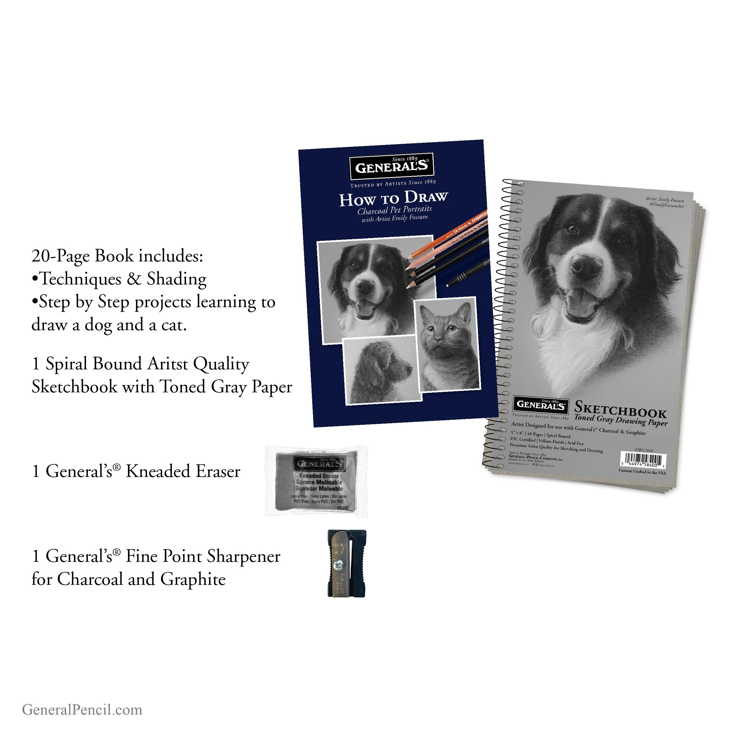 Drawing kit with a “How to Draw” book, a spiral sketchbook with a dog on the cover, a kneaded eraser, and a fine point sharpener. Text lists book contents and materials included.